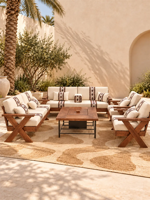 Aseel 7-Seater Wooden Outdoor Lounge Set with Sadu Accents 3+2+1+1+coffee Table