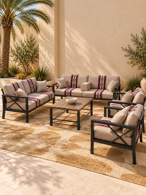Wasl 7-Seater Black Metal Outdoor Lounge Set with Sadu Accents 3+2+1+1+coffee Table