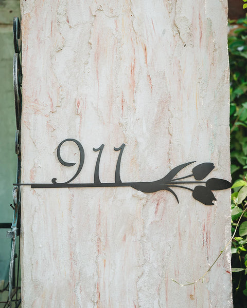 Custom Villa or House Number Sign + Flower – Personalized Modern Address Plate - Style #9