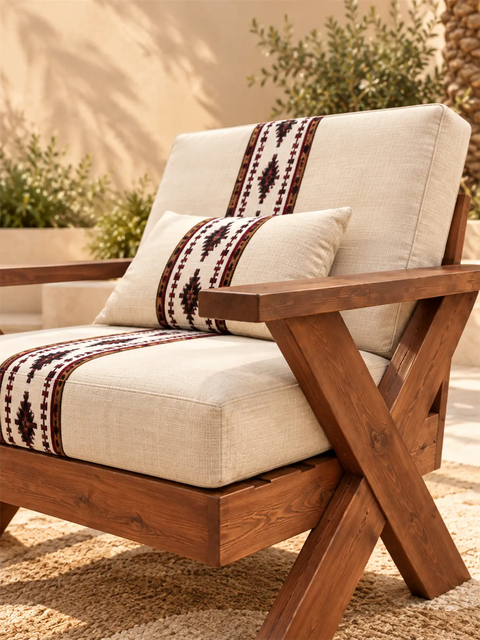 Aseel 7-Seater Wooden Outdoor Lounge Set with Sadu Accents 3+2+1+1+coffee Table