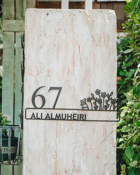 Custom Villa or House Number Sign + Name + Flowers  – Personalized Modern Address Plate - Style #10